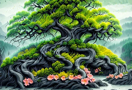 large tree on an island with lots of boulders in the water, moss grows where it can along with flowers, a multitude of trees can be seen forming a forest, artflwtr