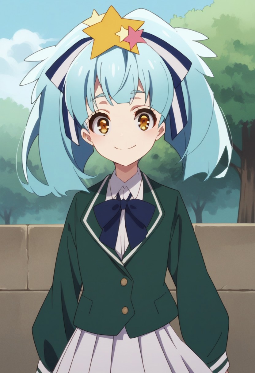 score_9, score_8_up, score_7_up, source_anime, highly detailed, 
lilyhoshikawa, 1girl, solo, twintails, hair ornament, skirt, star hair ornament, star (symbol), upper body, ribbon, 
smile, blue hair, pleated skirt, 
 jacket, looking at viewer, green jacket, school uniform, white skirt, long hair, hair ribbon, long sleeves,
outdoor, sky, tree