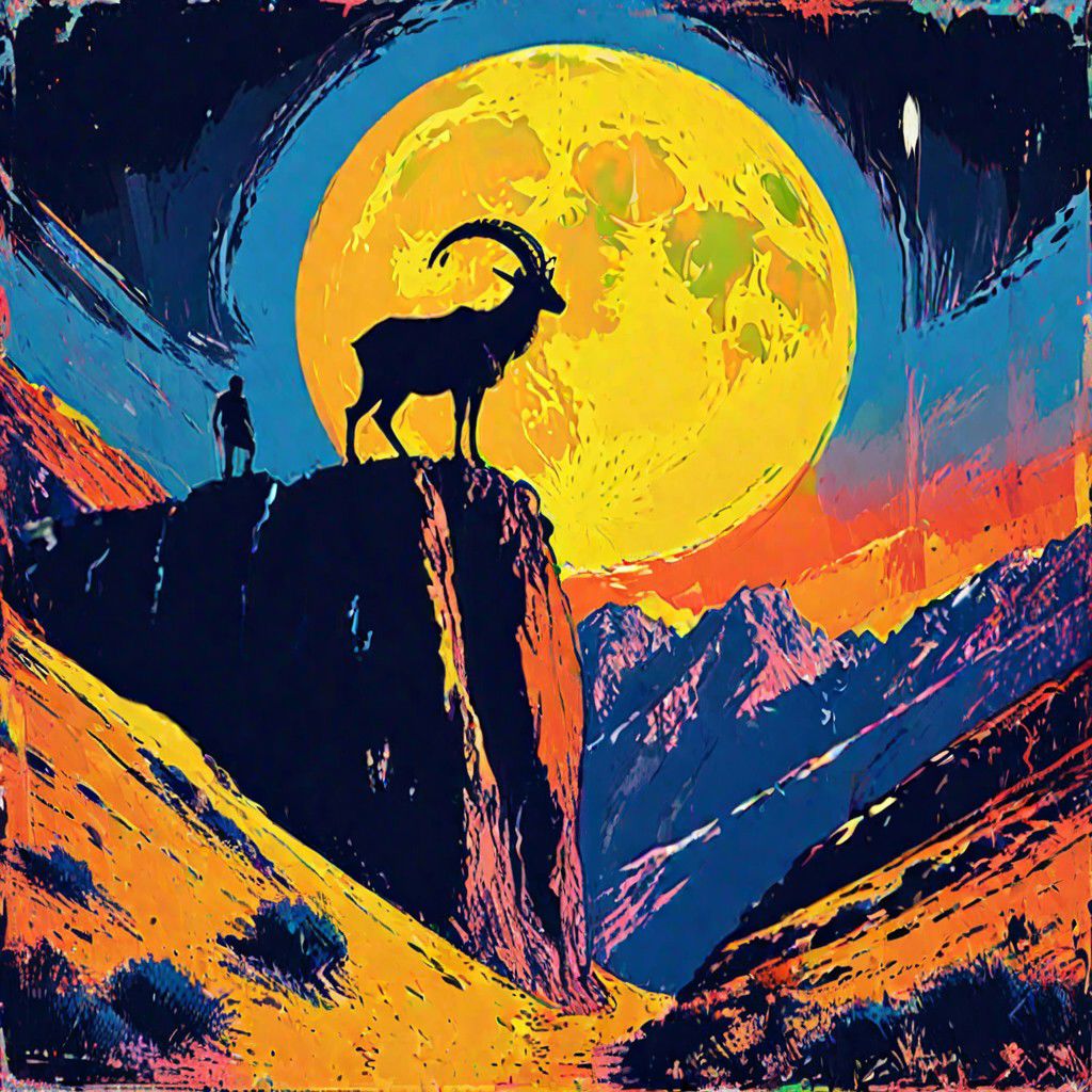 1 walia ibex standing on top of a cliff under 1 while moon, black silhouette against while moon, black cliff, dark blue sky,