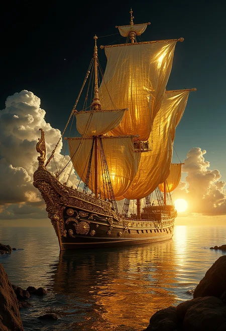 baroque ship, beautiful golden mirror sail, golden cumulus clouds, black sky, blue sun, golden rock, surreal, vivid colors, chiaroscuro lighting, 50mm lens