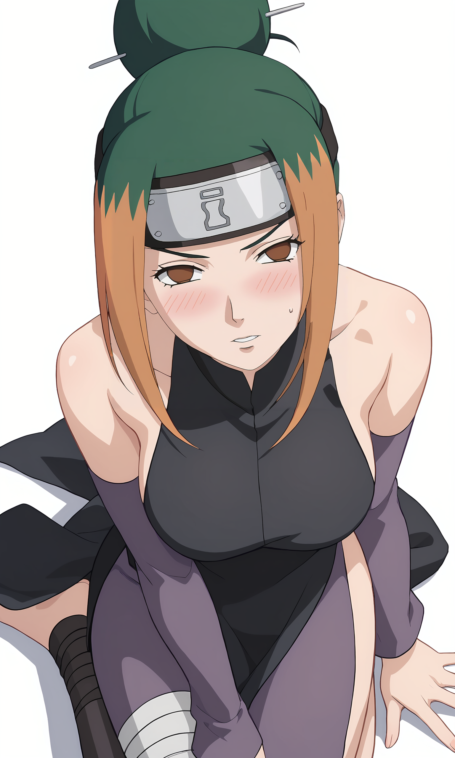 score_9, score_8_up, score_7_up, game cg,
from above, on knees, pov, 
pakura, 1girl, solo,  (looking at viewer), brown eyes, forehead protector, two-tone hair,  orange hair,  green hair, detached sleeves, black dress, bare shoulders, single hair bun, breasts, purple pants, bandages, single leg wrap, sideboob, two side slit,  
blush, shy, frown, half closed eyes, 
simple background, white background,
 <lora:PakuraRE_PXL:0.8>