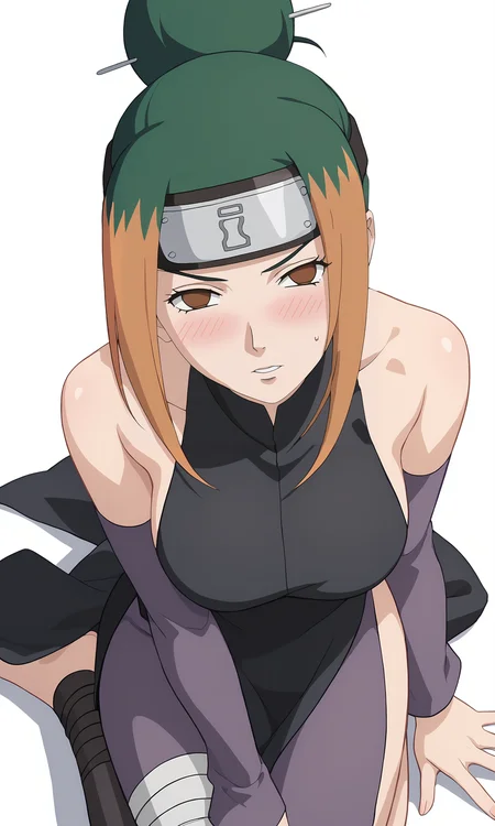 score_9, score_8_up, score_7_up, game cg,
from above, on knees, pov,
pakura, 1girl, solo, (looking at viewer), brown eyes, forehead protector, two-tone hair, orange hair, green hair, detached sleeves, black dress, bare shoulders, single hair bun, breasts, purple pants, bandages, single leg wrap, sideboob, two side slit,
blush, shy, frown, half closed eyes,
simple background, white background,
<lora:PakuraRE_PXL:0.8>