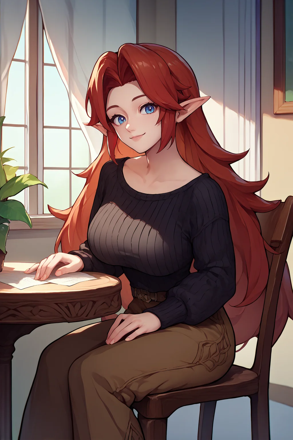 score_9, score_8_up, score_7_up, score_6_up, source_anime, 1girl, solo, <lora:malon-pdxl-nvwls-v1-000005:1> cremia, red hair, long hair, pointy ears, big breasts, black sweater, brown pants, looking at you, smile, sitting, chair, table, indoors, window, looking at you