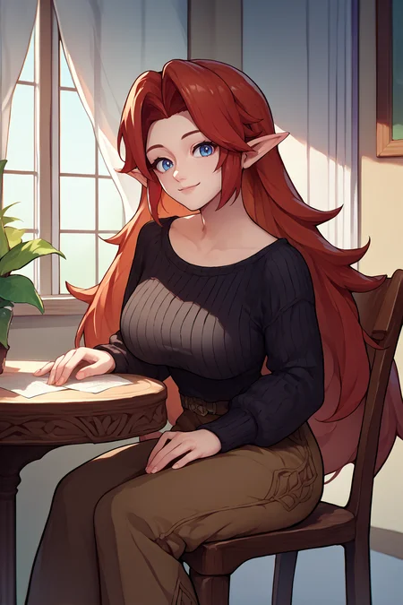 score_9, score_8_up, score_7_up, score_6_up, source_anime, 1girl, solo, <lora:malon-pdxl-nvwls-v1-000005:1> cremia, red hair, long hair, pointy ears, big breasts, black sweater, brown pants, looking at you, smile, sitting, chair, table, indoors, window, looking at you