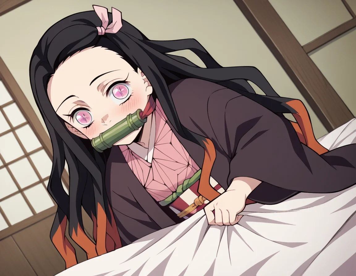 score_9, score_8_up, score_7_up, source_anime,
nezukokamado, <lora:nezuko-kamado-anime-ponyxl-lora-nochekaiser:1>,
nezuko kamado, black hair, forehead, hair ribbon, long hair, multicolored hair, pink eyes, orange hair, slit pupils, wavy hair, two-tone hair,
bamboo, bit gag, gag, gagged, asa no ha \(pattern\), checkered sash, haori, japanese clothes, kimono, long sleeves, obi, pink kimono, sash, wariza, wide sleeves,
indoors, bed, bed room, on side, blush, drunk,
solo, dutch angle, looking at viewer, cowboy shot,