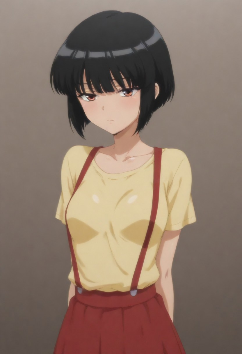 masterpiece, best quality, amazing quality, 1girl, solo,,, shiny skin,,,,,Toire no Hanako-san no Sakurako-san,black_hair, short_hair, small breasts, short body,yellow shirt,suspenders, red skirt,