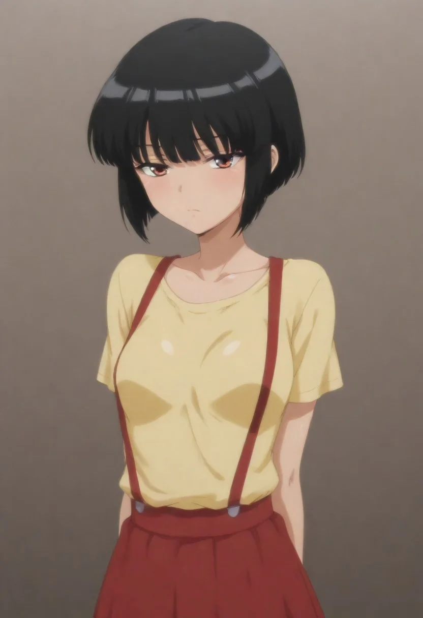 masterpiece, best quality, amazing quality, 1girl, solo,,, shiny skin,,,,,Toire no Hanako-san no Sakurako-san,black_hair, short_hair, small breasts, short body,yellow shirt,suspenders, red skirt,