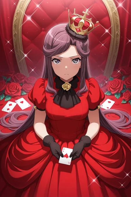 masterpiece, best quality, amazing quality,
 <lora:Maya_IL:1> maya, 1girl, solo, dress, rose, flower, red dress, long hair, purple eyes, card, crown, gloves, holding, sparkle, looking at viewer,