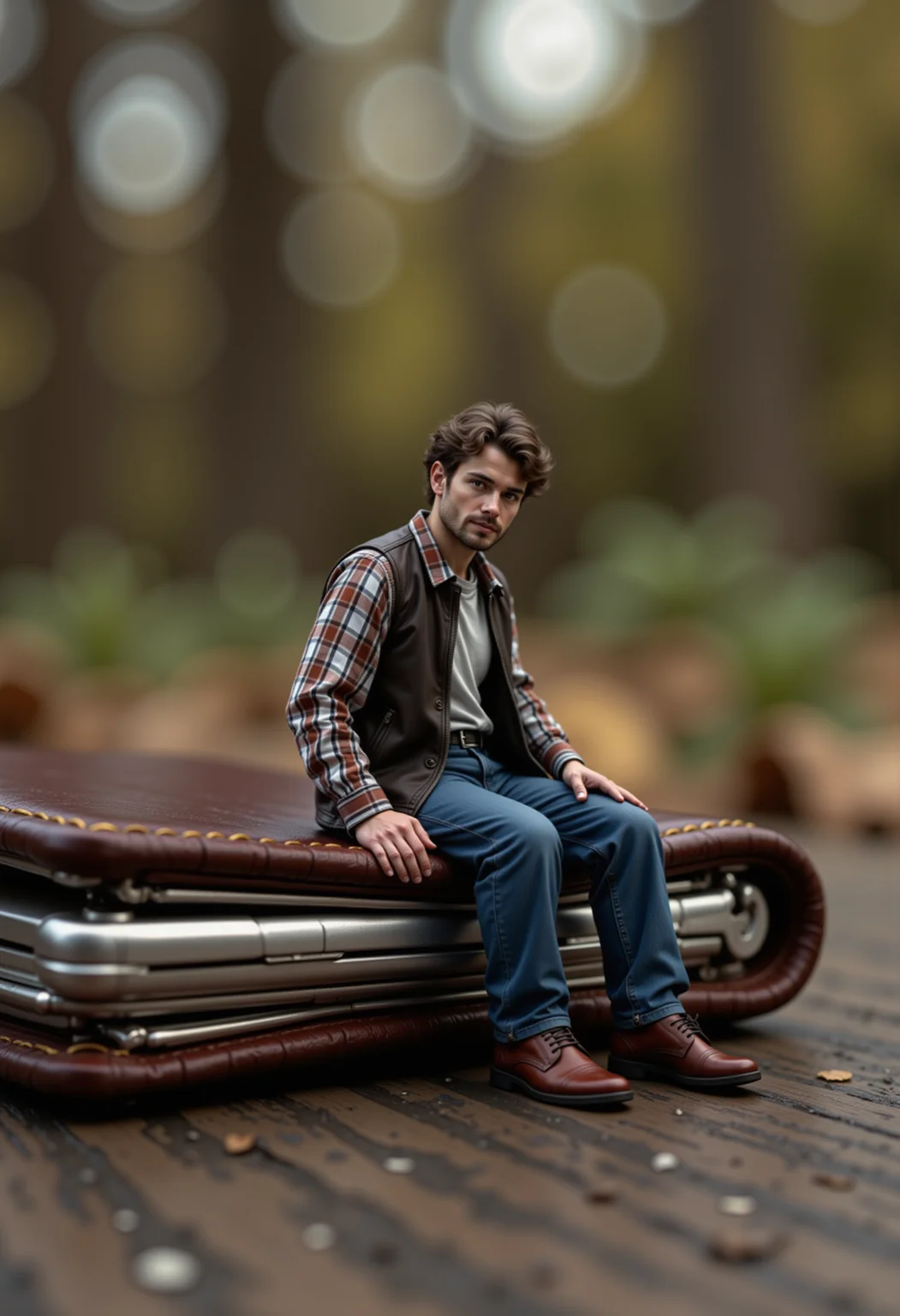 raw photo, a 1 inch tall miniature man sitting on a wallet