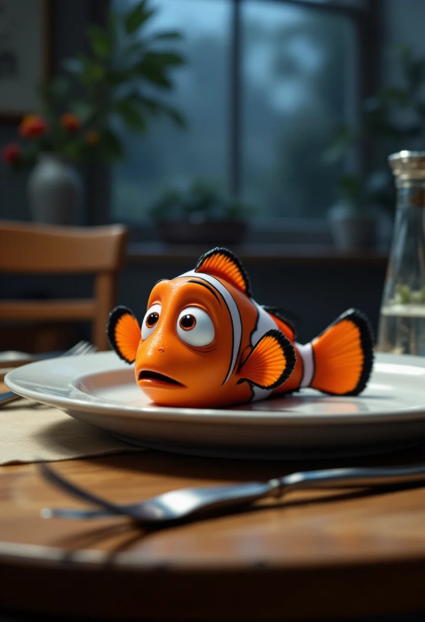 <lora:PCB_Image_Enhancer_for_FLUX:0> <lora:KFT_HLA_V3_FLUX-000019:1>
High quality image of Nemo from Finding Nemo, looking concerned, lying on a plate next to a knife and fork on a kitchen table.