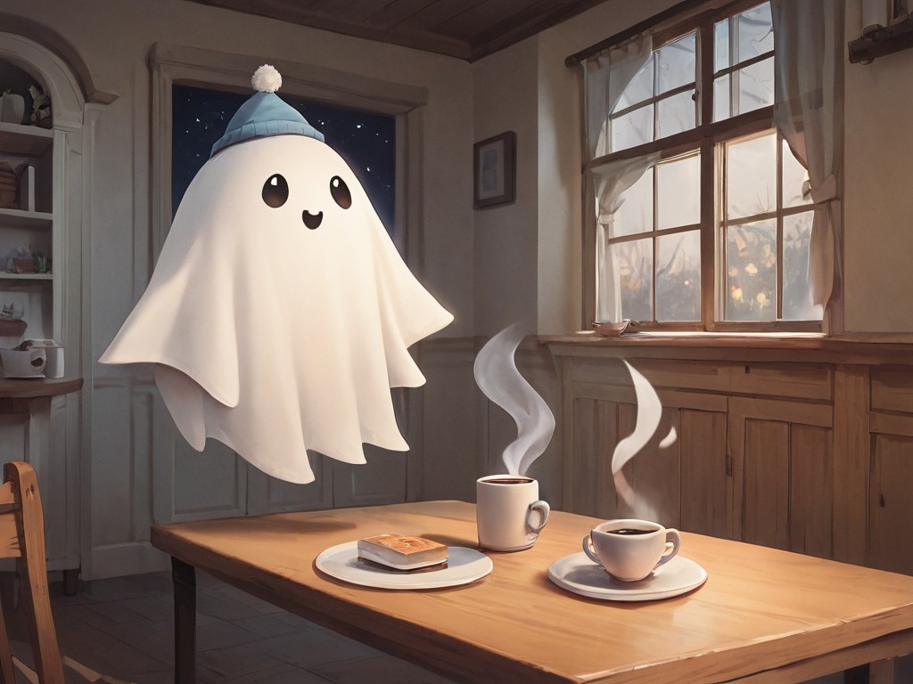 score_9, score_8_up, score_7_up,manga, comic, funny, cute, smile, white ghost,simple drawing, arms, in an old manor, night, flying, tail, 1 ghost, indoors, drinking coffee, sit, table, in kitchen, funny hat, tired<lora:white_ghost:1>