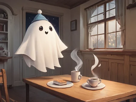 score_9, score_8_up, score_7_up,manga, comic, funny, cute, smile, white ghost,simple drawing, arms, in an old manor, night, flying, tail, 1 ghost, indoors, drinking coffee, sit, table, in kitchen, funny hat, tired<lora:white_ghost:1>