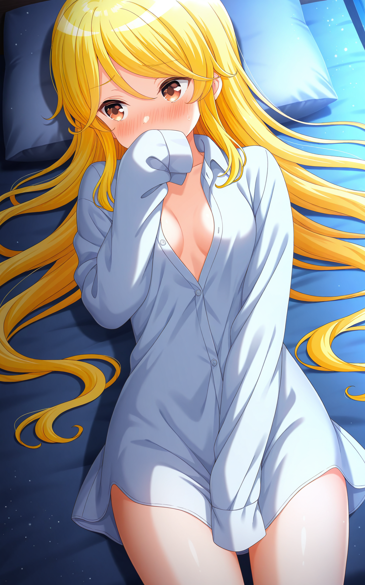masterpiece,best quality,good quality,newest,4k,perfect lighting,cinematic,very aesthetic,official art,anime screencap,anime coloring,indoors,bedroom,night,
1girl,solo,tokitani koruri,blonde hair,vely long hair,brown eyes,small breasts,white shirt,collared shirt,shirt dress,naked shirt,long sleeves,sleeves past fingers, 
looking to the side,looking away,blush,embarrassed,covering mouth,covering crotch,lying,on bed,on back,from above,BREAK
<lora:ILkoruri:0.9>