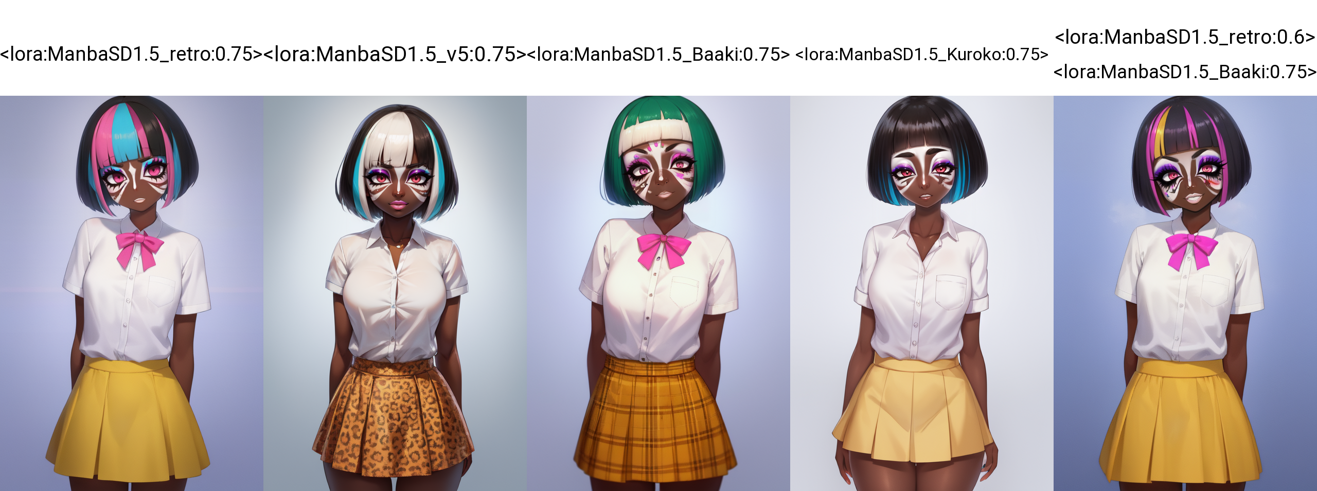 Masterpiece, colorful abstract rectangular backdrop, white backdrop, cowboy shot, skin pores, octane render, best quality, 1girl, solo, front view, upper body, dark skinned girl, very dark skin, oiled skin, (yamanba:1.5), white facepaint makeup, bob cut, multicolored hair, white shirt, buttons, pink leopard print skirt, arms behind back,  <lora:ManbaSD1.5_retro:0.75>,