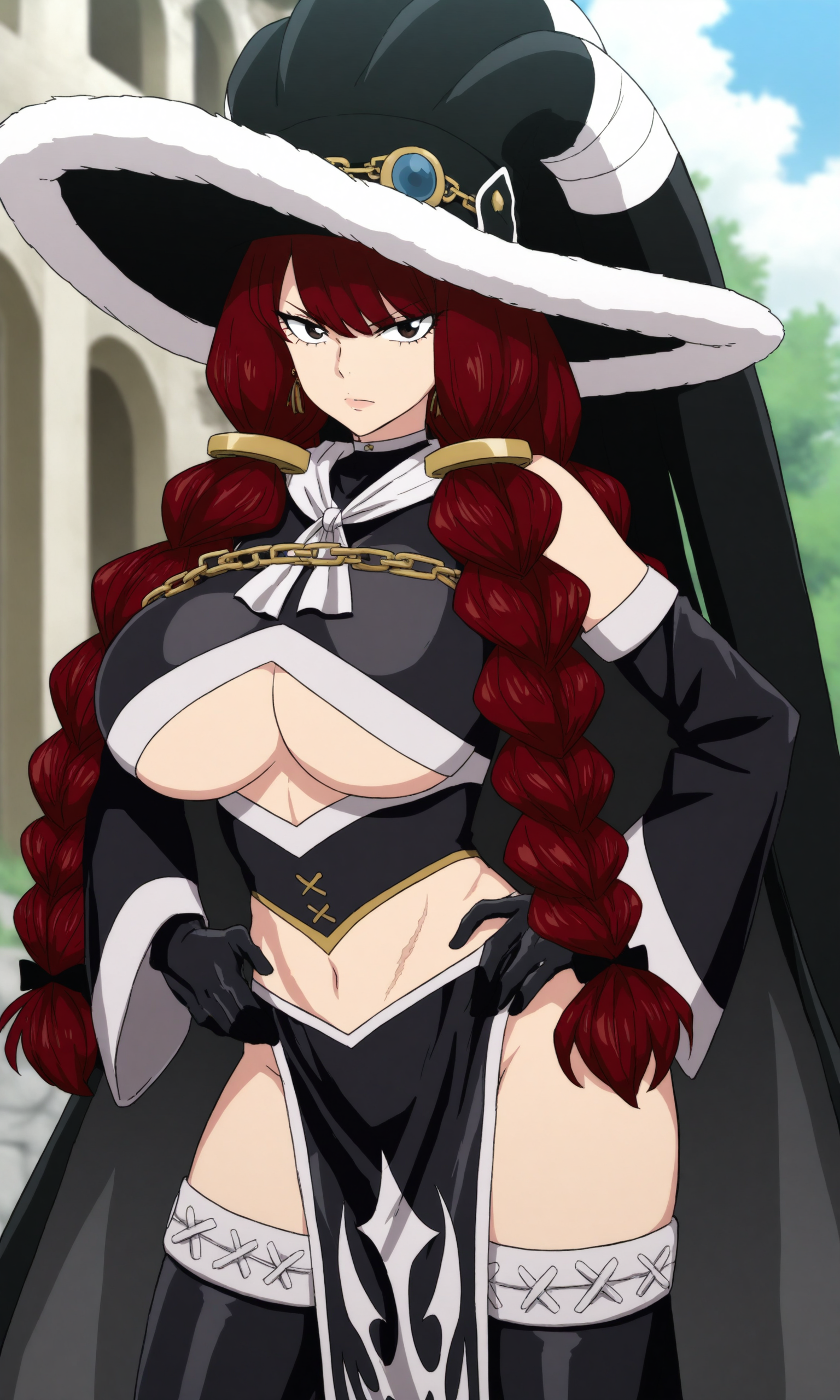 masterpiece, best quality, high resolution, absurdres, 1girl, irene_belserion, brown_eyes, red_hair, long_hair, quad_braids, large_breasts, earrings, hair_ornament, witch_hat, black_headwear, cropped_shirt, black_shirt, turtleneck_shirt, white_neckerchief, underboob, chain, detached_sleeves, black_gloves, black_cape, pelvic_curtain, thigh_boots, black_footwear, looking_at_viewer, hands_on_own_hips, outdoors, day,