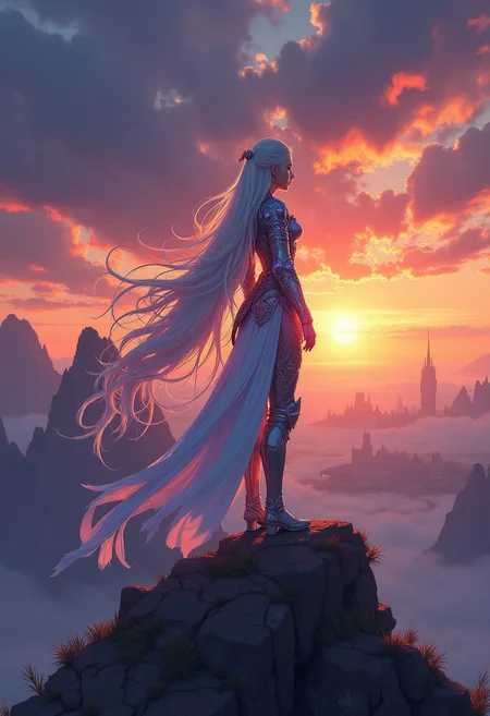A digital anime artwork in the style of cklg. A noble warrior princess clad in iridescent armor stands atop a crystal-studded mountain peak, her gaze distant yet fierce. Her armor, encrusted with rubies and delicate celestial engravings, catches the light of dawn, casting a faint rainbow glow around her. Her long, pure white hair flows in the wind, and the silhouette of her dragon companion is set against the setting sun. The sky above is a swirl of dawn colors—dark orange, red, and midnight blue—illuminating a distant kingdom that stretches out below, veiled in mist.