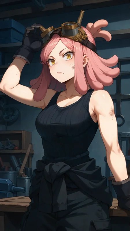 score_9,score_8_up,score_7_up,score_6_up, <lora:xl_more_art-full_v1:0.5>, source_anime, girl, dynamic pose, looking over her shoulder, <lora:Mei Hatsume - Pony-000004:0.8>, pink hair, medium hair, round hair, yellow eyes, black tanktop, goggles, goggles on head, sleeveless, black gloves, black clothes around waist, black pants, dirty face, smudge, workshop, mechanic,