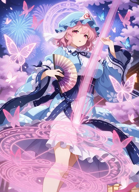 absurdres, highres, masterpiece, best quality, amazing quality, official anime artwork, screencap, anime screencap, outdoors, looking at viewer, open mouth, dynamic pose, light particles,
blue butterfly, bug, butterfly, butterfly wings, cherry blossoms, fireworks, folding fan, glowing butterfly, hand fan, magic circle, saigyouji yuyuko's fan design,
<lora:Yuyuko-Saigyouji_IllustriousV2:1> saigyouji yuyuko, 1girl, solo, pink eyes, pink hair, short hair, medium large breasts,, mob cap, triangular headpiece, blue kimono, long sleeves, wide sleeves, sash, ribbon, floral print, frills,