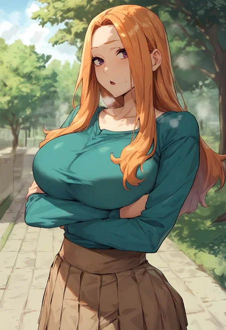 score_9, score_8_up, score_7_up, score_6_up, source_anime, rating_explicit, 1girl, solo, huge breasts, <lora:Min Soda prefectPonyxl:0.8> long hair, blonde hair, orange hair, brown eyes, purple eyes, forehead, green shirt, blue shirt, collarbone, long sleeves, miniskirt, brown skirt, high-waist skirt, pleated skirt, serious, open mouth, Narrow shoulders, heavy breathing, steaming body, park, outdoors, looking at viewer, crossed arms