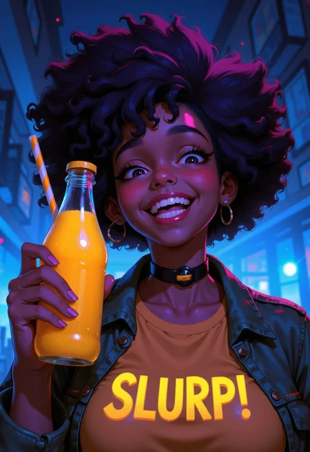illustrious_style, a youthful teenager with a stunning purple afro-style hairdo proudly holds a glass bottle filled with refreshing mango juice. Her face radiates joy as she enthusiastically exclaims "SLURP!" in bold letters against a mesmerizing blue-lit background, the perfect blend of warm and cool tones.
