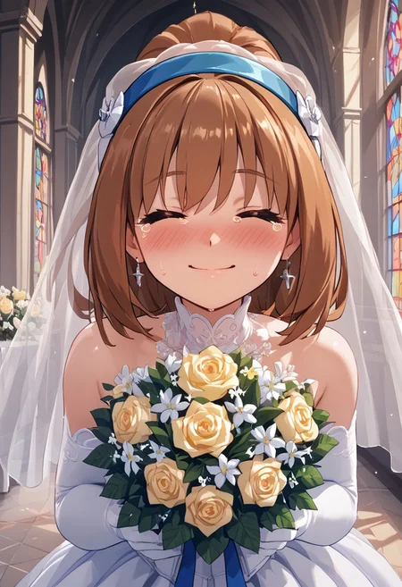 score_4,score_5,score_6,score_7_up,score_8_up,score_9 ((masterpiece,best quality,ultra detailed,highres,HD,4k:1.2)),
1girl, solo,solo focus,girl focus,face focus,
Kohaku(iX),brown hair, orange eyes, ponytail, sidelocks, hair band, blue hairband,very small breast,petite,
wedding dress, wedding veil,bouquet, wedding ceremony, church,
((closed eyes)), looking at viewer,happy,smile,blush,tears,tears of joy,