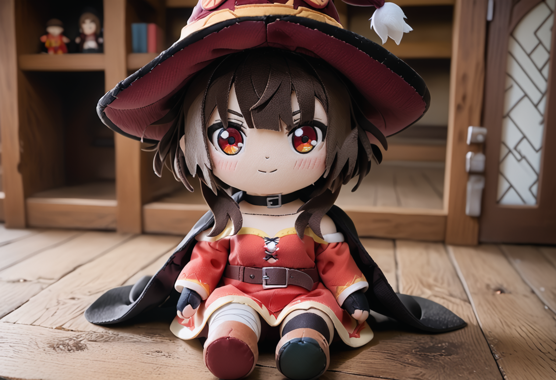 score_9,score_8_up,score_7_up,source_anime,inside medieval tavern,<lora:woafu_plushify_pony:0.8>,plushify,character stuffed toy,chibi,1girl,sitting,smile,<lora:AEMegumin:0.8>,AEMegumindef,red eyes,Brown hair,Belt choker,red dress,off-shoulder dress,Black gloves,fingerless gloves,Belt,mismatched legwear,asymmetrical legwear,bandaged leg,black thighhighs,knee boots,hat,Black cape,