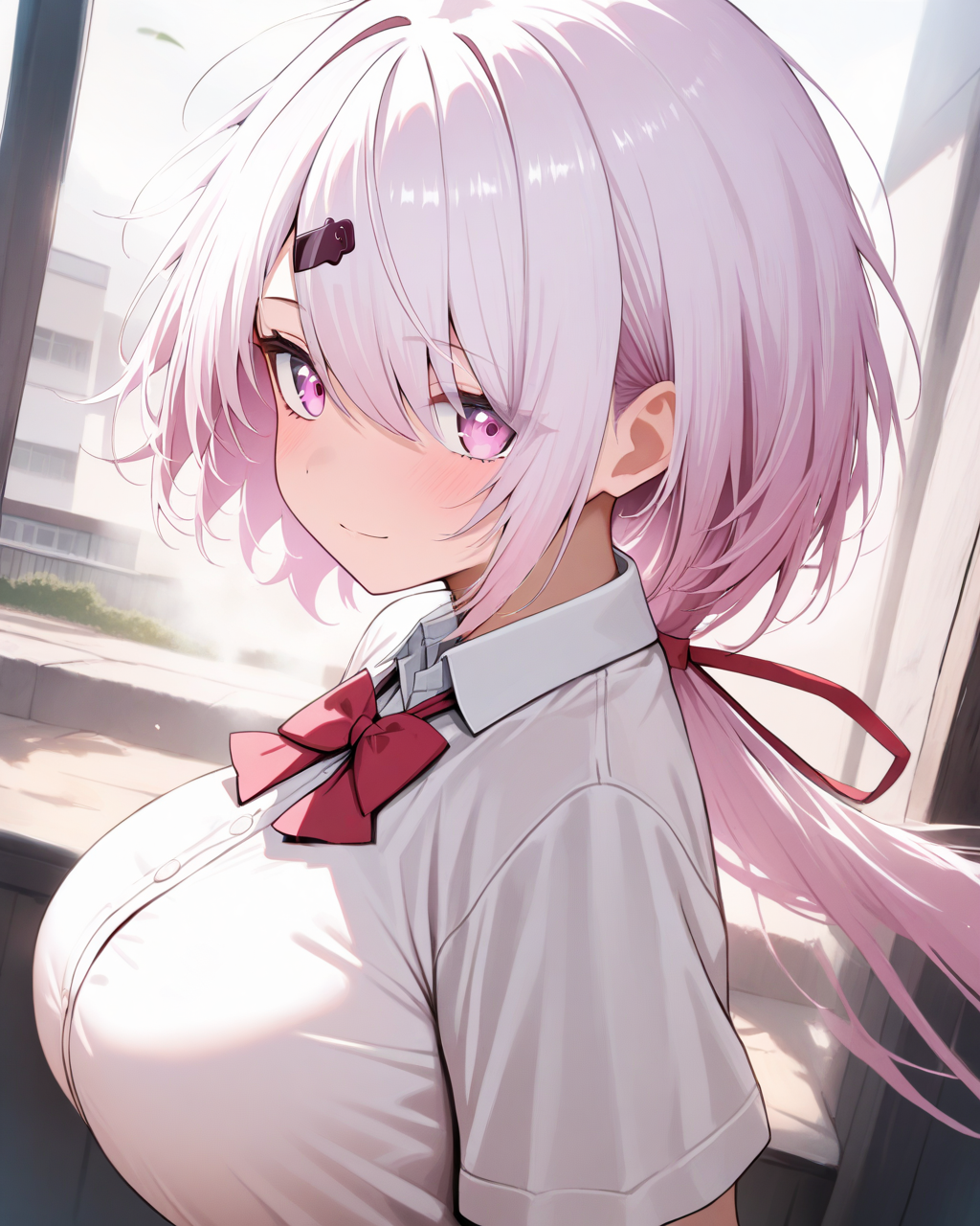 1girl,
ShiinaYuikaNijisanji,
solo, dynamic angle, upper body, 
low ponytail, hair ribbon, hair ornament,
beautiful eyes, looking at viewer,
light smile,
walking,
short sleeves, red bowtie, collared shirt,
large breasts,
wind, outdoors, school,
depth of field,
<lora:kp_ShiinaYuikaNijisanji1stCostumeAnimagineXL_v1_1:1.0>,
masterpiece, high score, great score, absurdres