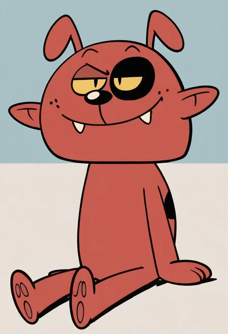 (score_9 | score_8_up | score_7_up) ((masterpiece:1))(best quality,very high quality,ultra detailed:1.2) (2D,cartoon style,anime style)(Smooth:2)(clean blurring) (four fingers on each hand,one thumb on each hand:1), charles, dog, all fours, black spot on left eye, impish, demon, red skin, small pointed nose, pointed tail, yellow eyes, slit pupils, two small horns, two large curved horns on sides of her head, pair of deformed fangs, smug, full body