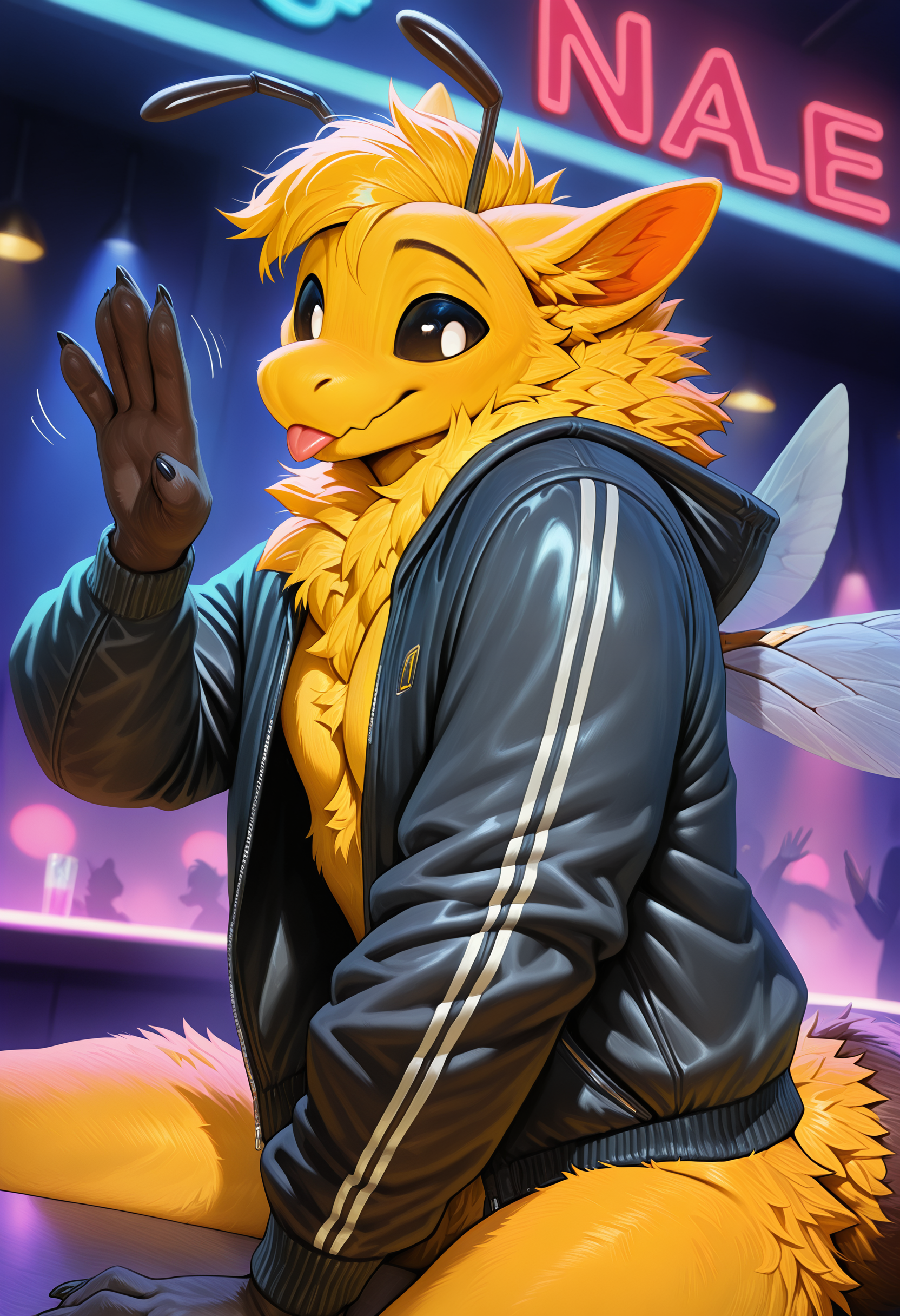 photorealism, photorealistic, depth of field, detailed fur,     male, solo, 1boy, adult, male focus, (sunb3e:1.2), wings, colored sclera, (looking at viewer:1.1), insect wings, yellow body, fluffy tail, nostrils, clothed, clothes, bottomless, partially clothed, black unzip jacket, cute,   flirty expression, seductive glance,   (masterpiece, best quality, very aesthetic, newest, 2024), (artist:syuro:0.8), (artist:nomax:0.5), (artist:honovy:0.6), (artist:kenket:0.6), (artist:taran fiddler:0.6),  <lora:Sunbee_OC_Illustrious_r2.safetensors:1.0>,  nightclub, neon light, bar, sitting, underwear, close up, (blep:1.15), (hand waves, hand up:1.2)