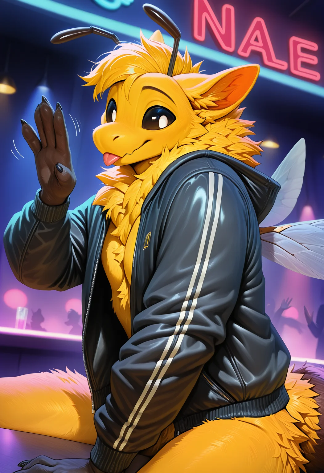 photorealism, photorealistic, depth of field, detailed fur,     male, solo, 1boy, adult, male focus, (sunb3e:1.2), wings, colored sclera, (looking at viewer:1.1), insect wings, yellow body, fluffy tail, nostrils, clothed, clothes, bottomless, partially clothed, black unzip jacket, cute,   flirty expression, seductive glance,   (masterpiece, best quality, very aesthetic, newest, 2024), (artist:syuro:0.8), (artist:nomax:0.5), (artist:honovy:0.6), (artist:kenket:0.6), (artist:taran fiddler:0.6),  <lora:Sunbee_OC_Illustrious_r2.safetensors:1.0>,  nightclub, neon light, bar, sitting, underwear, close up, (blep:1.15), (hand waves, hand up:1.2)