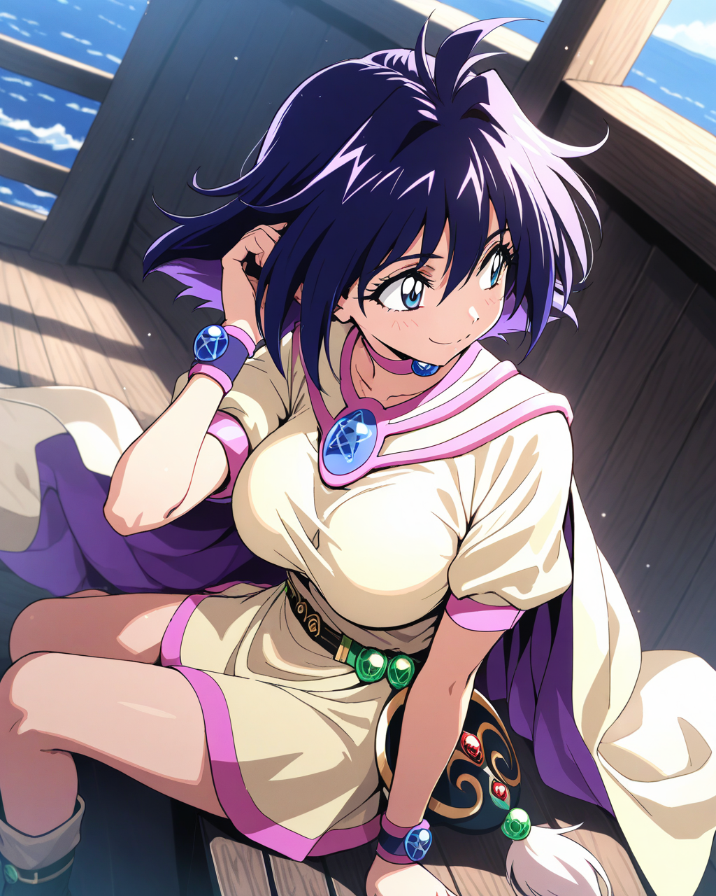 1girl,
AmeliaSlayers,
safe, solo, wide shot, dutch angle, from side,
short hair, black hair, colored inner hair, blue hair,
blue hair,
looking away, smile,
pink choker, pentacle, 
arm support, adjusting hair, 
multicolored cape, brooch, pentagram,
taut clothes,
short sleeves, bracelet,
large breasts,
belt, 
boots,
medieval, ship deck, wind, ocean,
depth of field,
<lora:kp_AmeliaSlayersAnimagineXL_v1_0:1.0>
masterpiece, high score, great score, absurdres