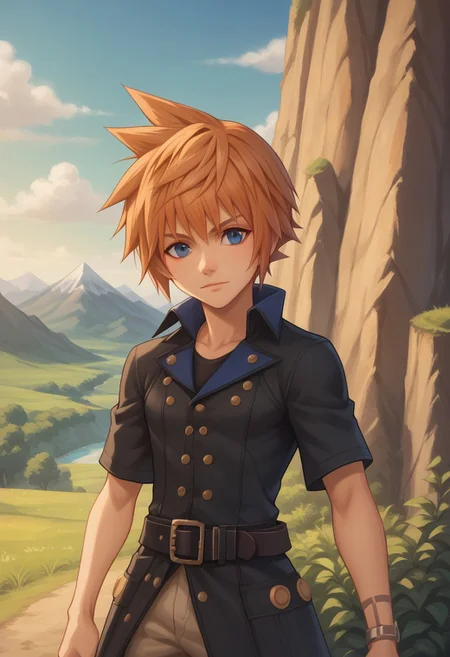 score_9, score_8_up, score_7_up, source_anime, highly detailed,
lannff,
solo, 1boy, male focus, spiked hair, blue eyes, belt, orange hair, standing, buttons, coat, pants, short sleeves, buckle, black coat, belt buckle, upper body,
outdoor, sky, mountains, trees, clouds