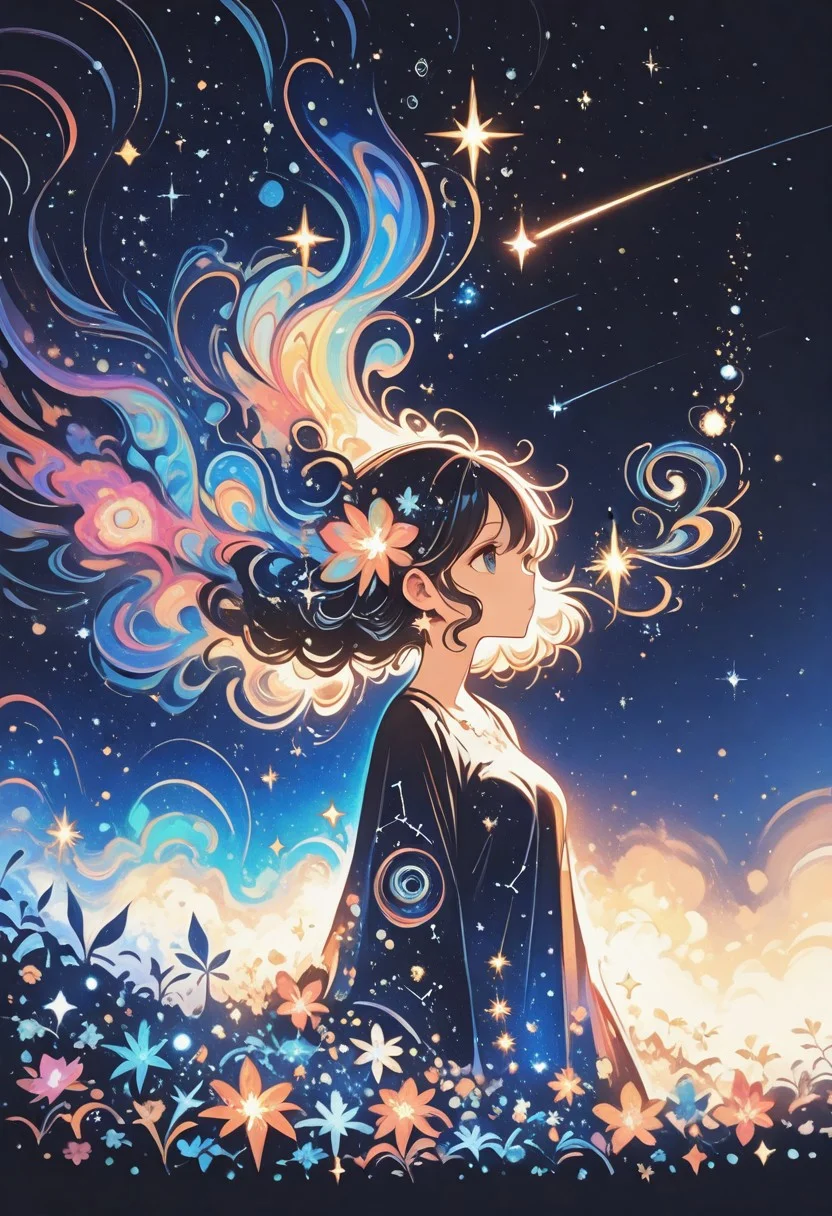 1 girl , starry sky , shooting star ,looking away ,constellation ,swirling , abstract ,shifting twisting , 
masterpiece, best quality ,amazing quality ,Bright_illu ,sparkle ,too many light particles,psyc0d3l1c ,Protoneon , sometyome_illu ,