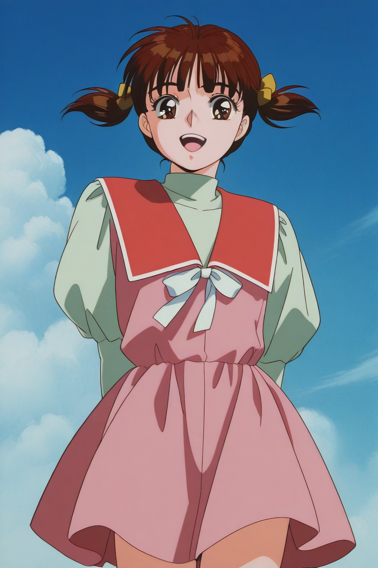 masterpiece, best quality, source_anime,official art,perfect_anatomy,1990s_\(style\),retro_artstyle, miho_shinohara,1girl,short twintails,brown hair,brown eyes,pink dress,(beautiful detailed face,looking_at_viewer,smile,open mouth),cowboy shot,hands behind back,close to viewer,day,blue_sky,cloud
