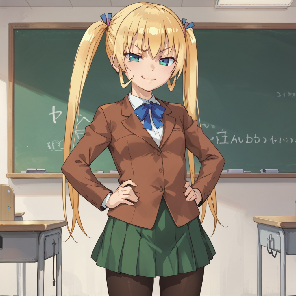 score_9, score_8_up, score_7_up, masterpiece, source_anime,  BREAK, 
mao_asakura, blonde, twintails, very long hair, solo, standing, smug, brown jacket, blue bow tie, green skirt, black pantyhose,  hands on own hips,  cowboy shot, BREAK, 
classroom