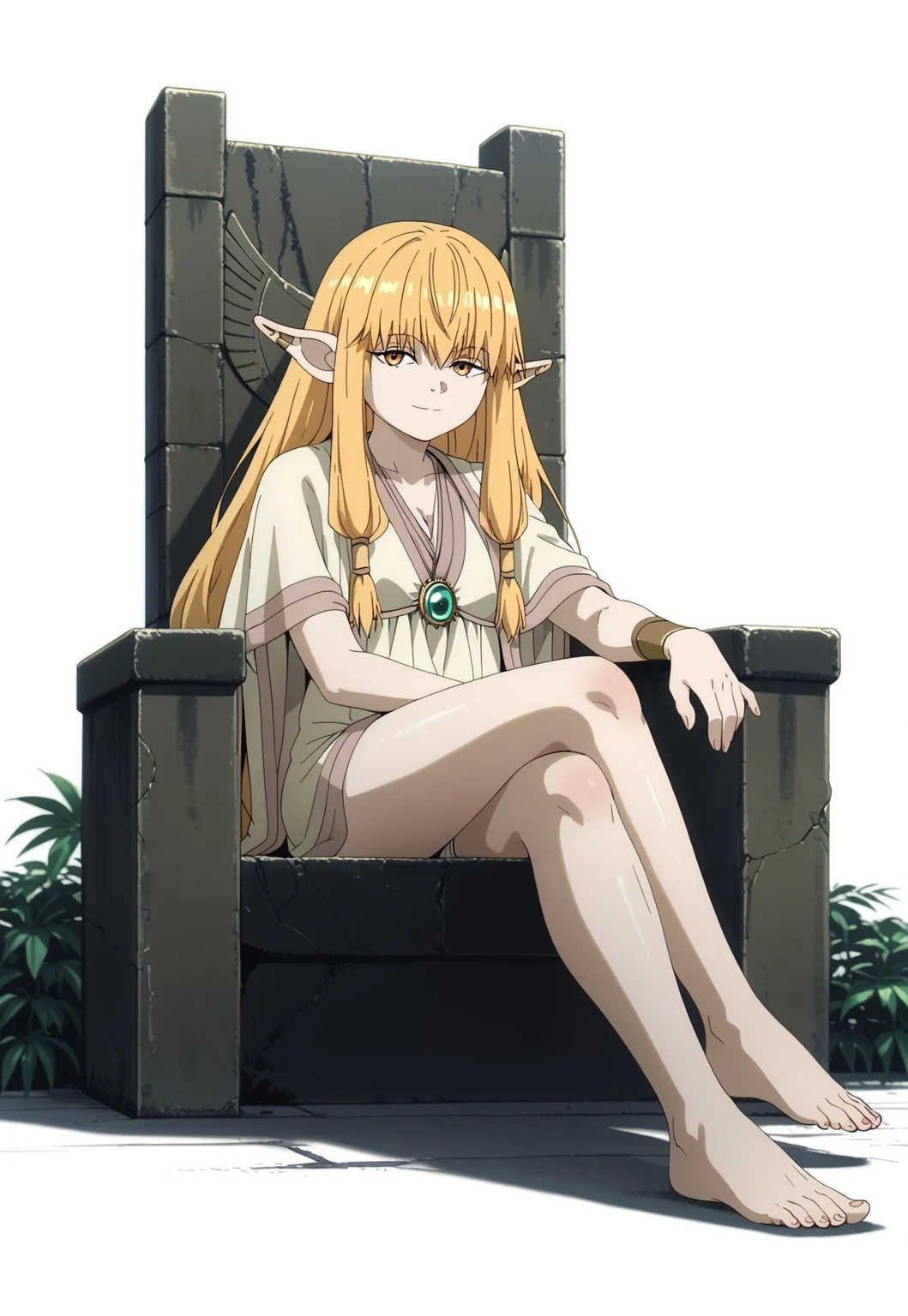 Friestyle, Serie, sitting on stone throne, barefoot, depth of field, solo, dynamic lighting