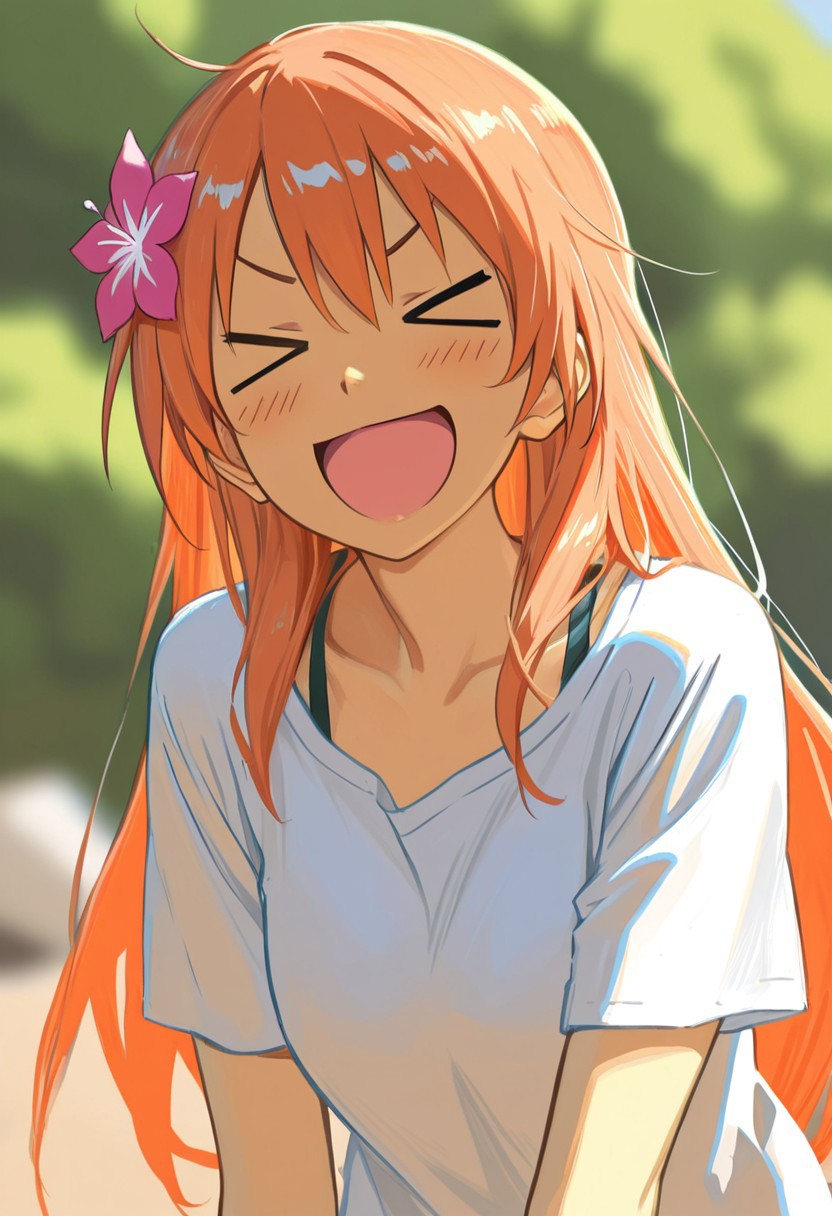 ,masterpiece, very aesthetic,8k,masterpiece, best quality, yukahana, causaloutfit, 1girl, solo, long hair, > <, hair ornament, closed eyes, hair flower, flower, open mouth, smile, xd, orange hair , impressionism 1.5, high detail, depth of field, blurred background, dramatic lighting