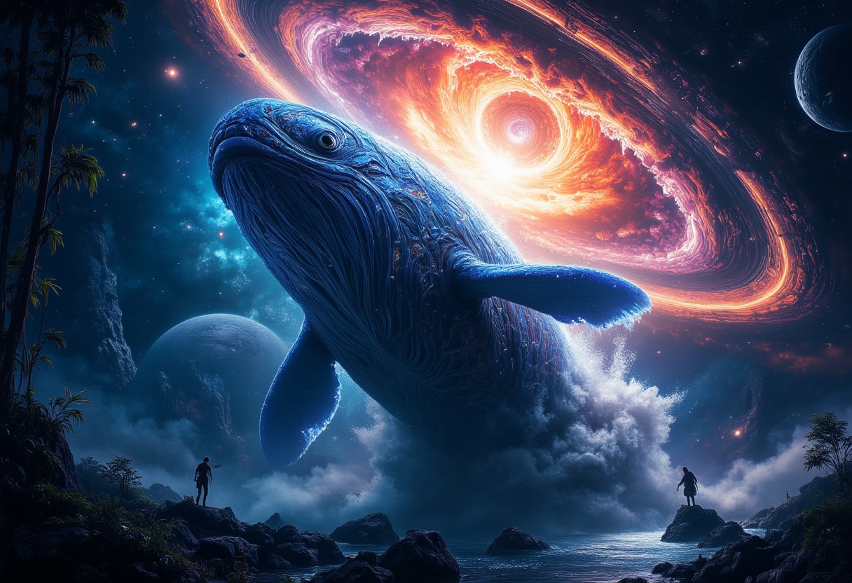 midjourneyv6.1, A breathtaking, hyperrealistic, cinematic view from a low angle, looking up at a colossal, bioluminescent space whale breaching through the swirling nebulae of a vibrant, alien planetary system. The whale's skin is iridescent, with intricate patterns of glowing algae and crystalline structures. Vast, futuristic space cities are scattered across the gas giant's rings, illuminated by the whale's bioluminescence and distant pulsars. Detailed, intricate, artstation, concept art, greg rutkowski, beksinski, cinematic lighting, 8k resolution, hyperrealistic, intricate details, otherworldly, awe-inspiring, masterpiece, award-winning.