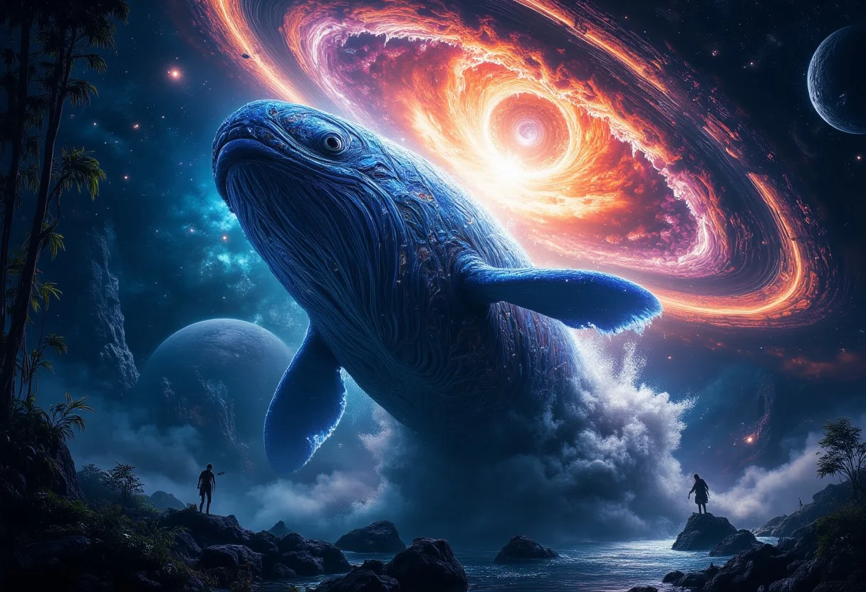 midjourneyv6.1, A breathtaking, hyperrealistic, cinematic view from a low angle, looking up at a colossal, bioluminescent space whale breaching through the swirling nebulae of a vibrant, alien planetary system. The whale's skin is iridescent, with intricate patterns of glowing algae and crystalline structures. Vast, futuristic space cities are scattered across the gas giant's rings, illuminated by the whale's bioluminescence and distant pulsars. Detailed, intricate, artstation, concept art, greg rutkowski, beksinski, cinematic lighting, 8k resolution, hyperrealistic, intricate details, otherworldly, awe-inspiring, masterpiece, award-winning.