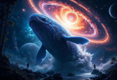 midjourneyv6.1, A breathtaking, hyperrealistic, cinematic view from a low angle, looking up at a colossal, bioluminescent space whale breaching through the swirling nebulae of a vibrant, alien planetary system. The whale's skin is iridescent, with intricate patterns of glowing algae and crystalline structures. Vast, futuristic space cities are scattered across the gas giant's rings, illuminated by the whale's bioluminescence and distant pulsars. Detailed, intricate, artstation, concept art, greg rutkowski, beksinski, cinematic lighting, 8k resolution, hyperrealistic, intricate details, otherworldly, awe-inspiring, masterpiece, award-winning.