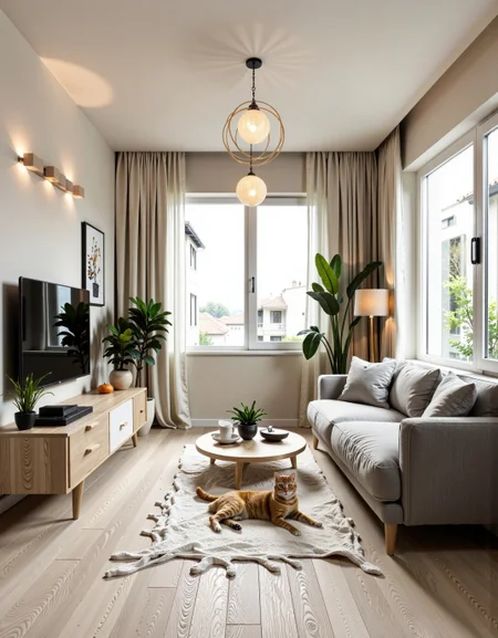 A photo of a cozy and stylish living room in a 30 sq.m studio apartment, designed in modern minimalism with personality and warmth. Light grey porcelain tile flooring with white wood texture, white soft rug in the center. A comfortable light-grey sofa against the far wall (opposite the window), floating TV console on the left wall under a flat-screen TV. the wall behind the TV has a stylish design solution, highlighting the TV area in a special way. beautiful lighting and chandelier.
One large window on the right side lets in natural soft daylight. The walls are painted light beige with a textured plaster finish. Add warm indirect lighting, a few green indoor plants, and artistic decor with soul — like handmade art or a personal photo. No yellow tint, keep colors neutral and soft. Include a real-looking playful cat on the rug or sofa, not stylized. The space should feel peaceful, lived-in, and personal — not like a showroom. The overall decor combines modern and classic elements, creating a serene atmosphere. <lora:fluxenhancer:0.9> <lora:CTAI-I.Japandi:1> CTAi Interior Japandi