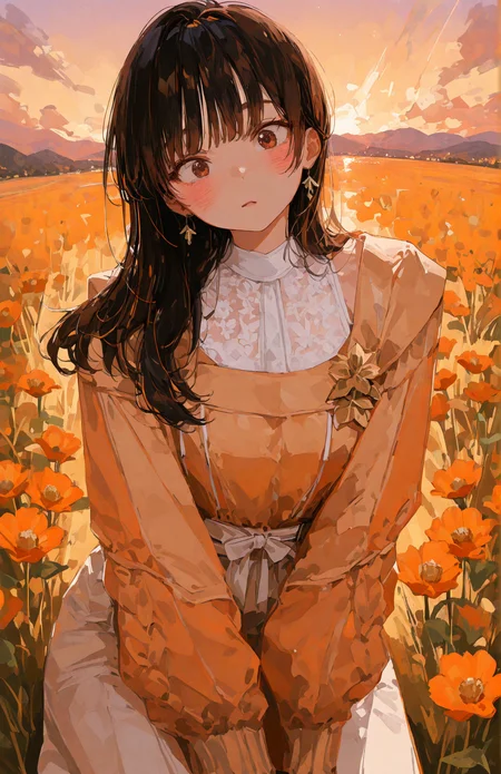 perfect quality,high quality,masterpiece,best quality,amazing quality,very aesthetic,Cinematic Lighting,newest,Tactical use of shadow,
Overhead view,Extreme close-up,head_tilt,Confused expression,
yamadaanna cyql,1girl,blush,long hair,black hair,brown eyes,
yokozuwari,hands_on_lap,
classical style,timeless clothing,elegant silhouettes,vintage-inspired accessories,refined fabrics,sophisticated color palettes,
California poppies,Rolling hills,Orange hues,Golden hour,California landscape,Dusk sky,
<lora:ponyv4_noob1_2_adamW:0.7>,<lora:spo_sdxl_10ep_4k-data_lora_webui:0.6>,<lora:USNR STYLE_XL_loha:0.45>,<lora:illustrious_all_rated_v1:0.7>,<lora:96YOTTEA-WAI:0.8>,<lora:Yamada Anna_Illustrious by Cyql:1>,