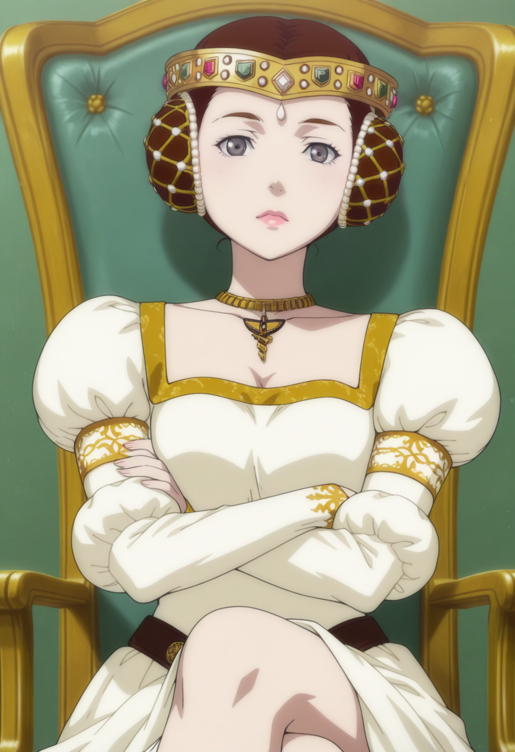 anime screencap, anime coloring,  <lora:DX888Charlotte:1> charlotte, grey eyes, brown hair, lips, double bun, princess, hair ornament,necklace,puffy sleeves,
 BREAK simple background, green  background, BREAK sitting, 1girl,chair, crossed arms, crossed legs, looking at viewer, solo