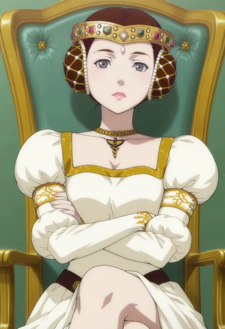 anime screencap, anime coloring, <lora:DX888Charlotte:1> charlotte, grey eyes, brown hair, lips, double bun, princess, hair ornament,necklace,puffy sleeves,
BREAK simple background, green background, BREAK sitting, 1girl,chair, crossed arms, crossed legs, looking at viewer, solo