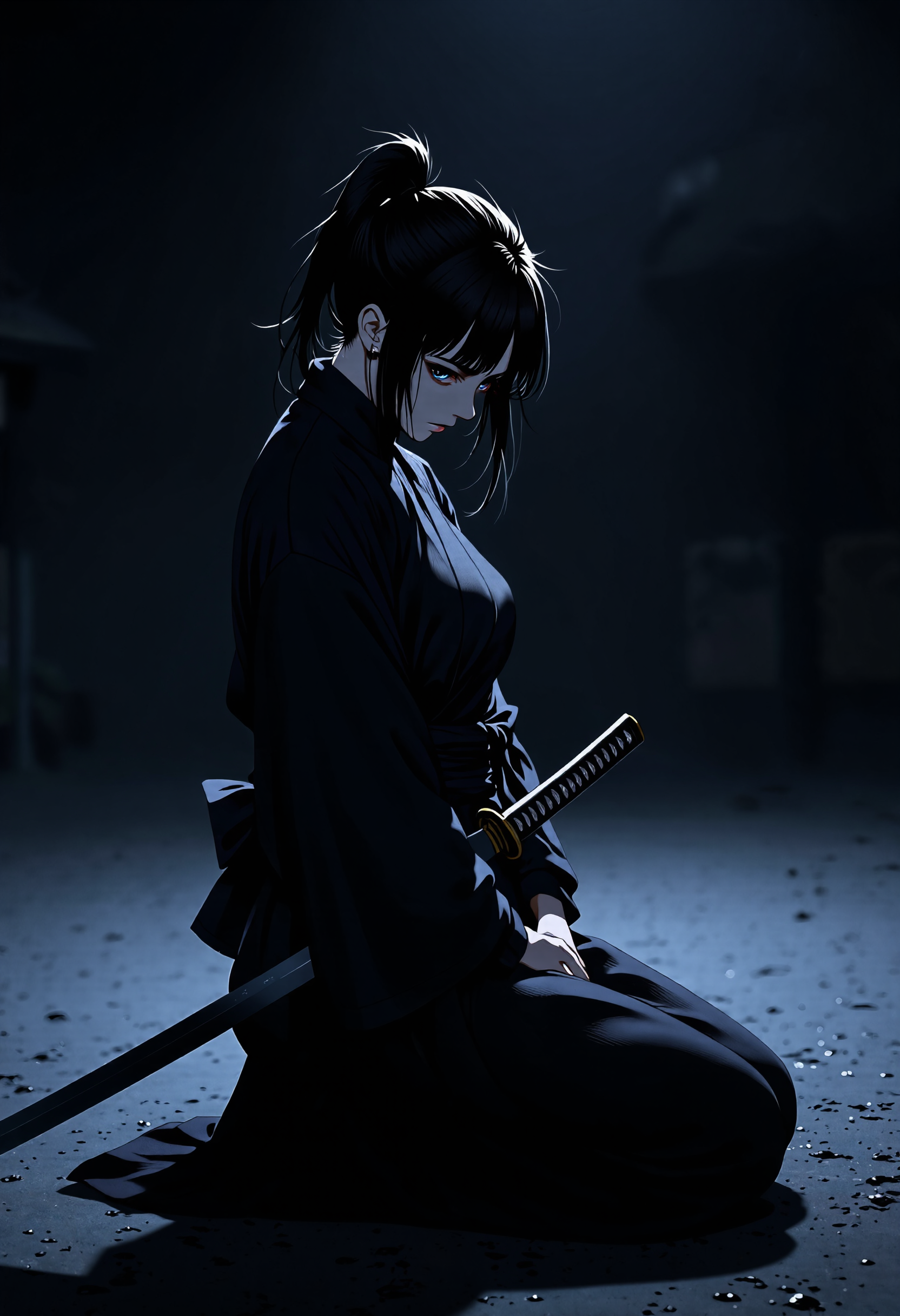 anime_martz, mythp0rt, LowKeyLights_v2, In the pitch-black night, a lone female samurai knee, partially covered in shadows, ls on one knee, the silence around her heavy with tension. Her katana is held horizontally across her chest, the blade glinting faintly in the moonlight. With calm precision, she presses the inside of her arm against the tip of the blade, using the crook of her elbow to stabilize the sword. Her posture is deliberate and controlled, the weapon held firm in a delicate balance between honor and readiness. The dark, cold night amplifies her solitude, as her intense focus reveals both strength and grace in this quiet, poised moment  <lora:Chiaroscuro Lighting Style v1:1.2>  <lora:anime_martz:1> <lora:FluxMythP0rtr4itStyle:0.45> <lora:low-key_lights_v2:0.3>