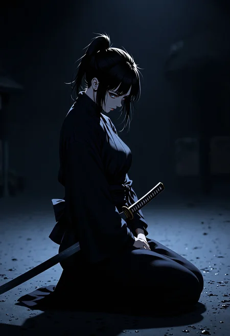 anime_martz, mythp0rt, LowKeyLights_v2, In the pitch-black night, a lone female samurai knee, partially covered in shadows, ls on one knee, the silence around her heavy with tension. Her katana is held horizontally across her chest, the blade glinting faintly in the moonlight. With calm precision, she presses the inside of her arm against the tip of the blade, using the crook of her elbow to stabilize the sword. Her posture is deliberate and controlled, the weapon held firm in a delicate balance between honor and readiness. The dark, cold night amplifies her solitude, as her intense focus reveals both strength and grace in this quiet, poised moment <lora:Chiaroscuro Lighting Style v1:1.2> <lora:anime_martz:1> <lora:FluxMythP0rtr4itStyle:0.45> <lora:low-key_lights_v2:0.3>
