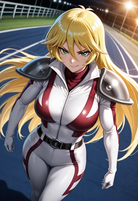 masterpiece, best quality, amazing quality, cinematic, (detailed), perfect lighting, anime, vibrant, dark, real_skin, skin imperfections, skin pores, intricate details, ((1girl, big legs,sherry_leblanc\(yu-gi-oh!\),green eyes,blonde hair, hair between eyes, long hair, smirking expression, muscular,white pilot suit, shoulder armor ,belt)),racetrack, focus on girl, dynamic angle,easynegative,d4ndon