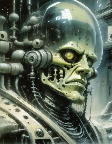 "Close-up, front-facing view of a scavenger, his face reflecting horror, within the chilling confines of a derelict space station. Sharp contrasts, lavishly intricate, drawing from H.R. Giger", surrealism, weird and pissed off, oil on canvas, dry brush, <lora:John Berkey Style:0.9>, John Berkey Style