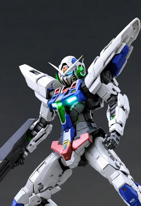 concept art, digital art, illustration, (source_anime), gundam_00, gundam, gundam_exia,  gn_drive, gn_particles, v-fin, white_armor, blue_armor, grey_armor, glowing_eyes, green_eyes, light_particles, sparks, sword, weapon, mecha, mobile_suit,robot, no_humans, science_fiction,