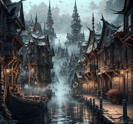 RAW photo, (masterpiece:1.3), subsurface scattering, heavy shadow, (high quality:1.4), (intricate, high detail:1.2), professional photography, HDR, High Dynamic Range, realistic, ultra realistic, photorealistic, high resolution, film photography, ambient lighting, atmospheric effects, <lora:detail_slider_v4:2>, OverallDetail, <lora:Laketown:1>,fantasy, houses, laketown, fog, lake, street, alley, boat